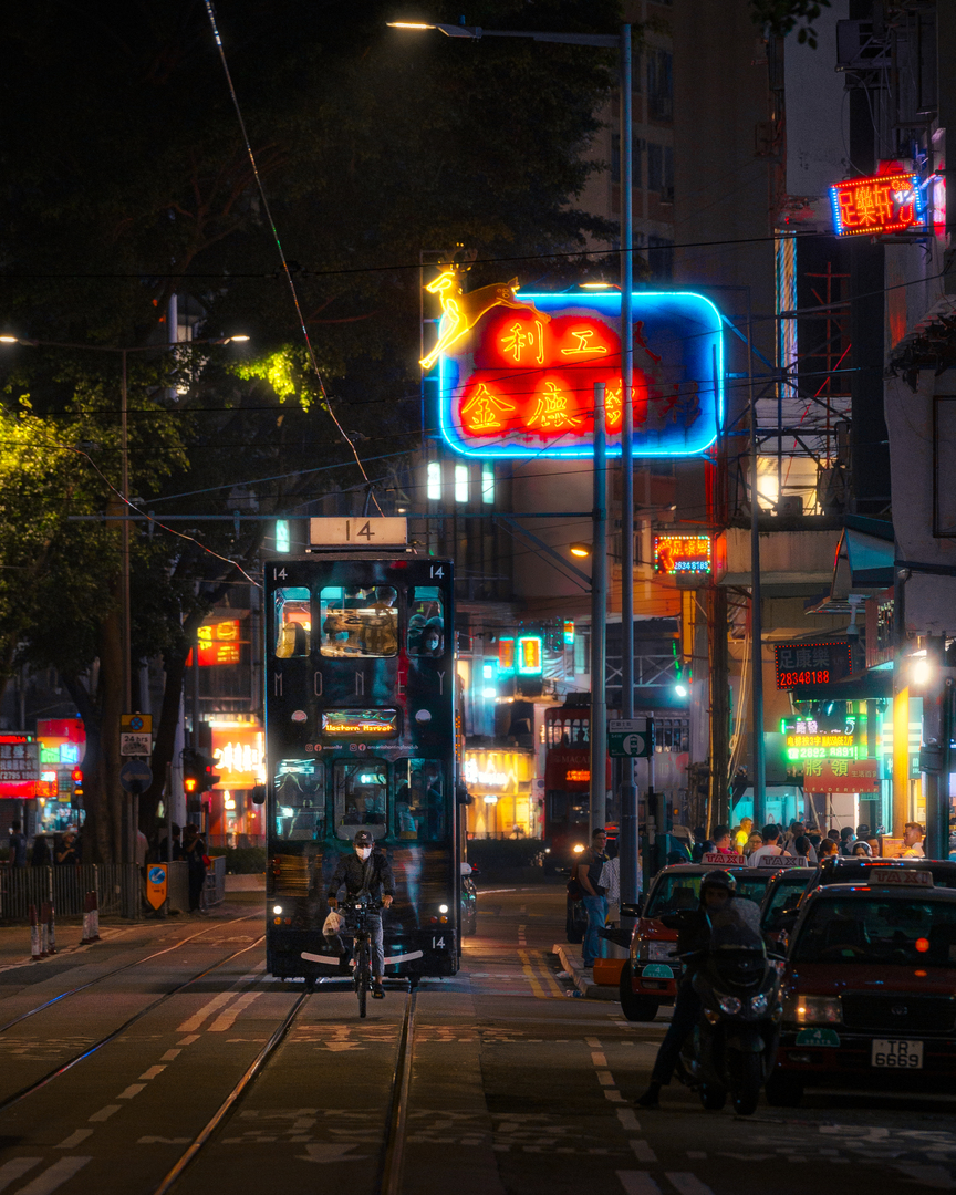 neon sign with tram